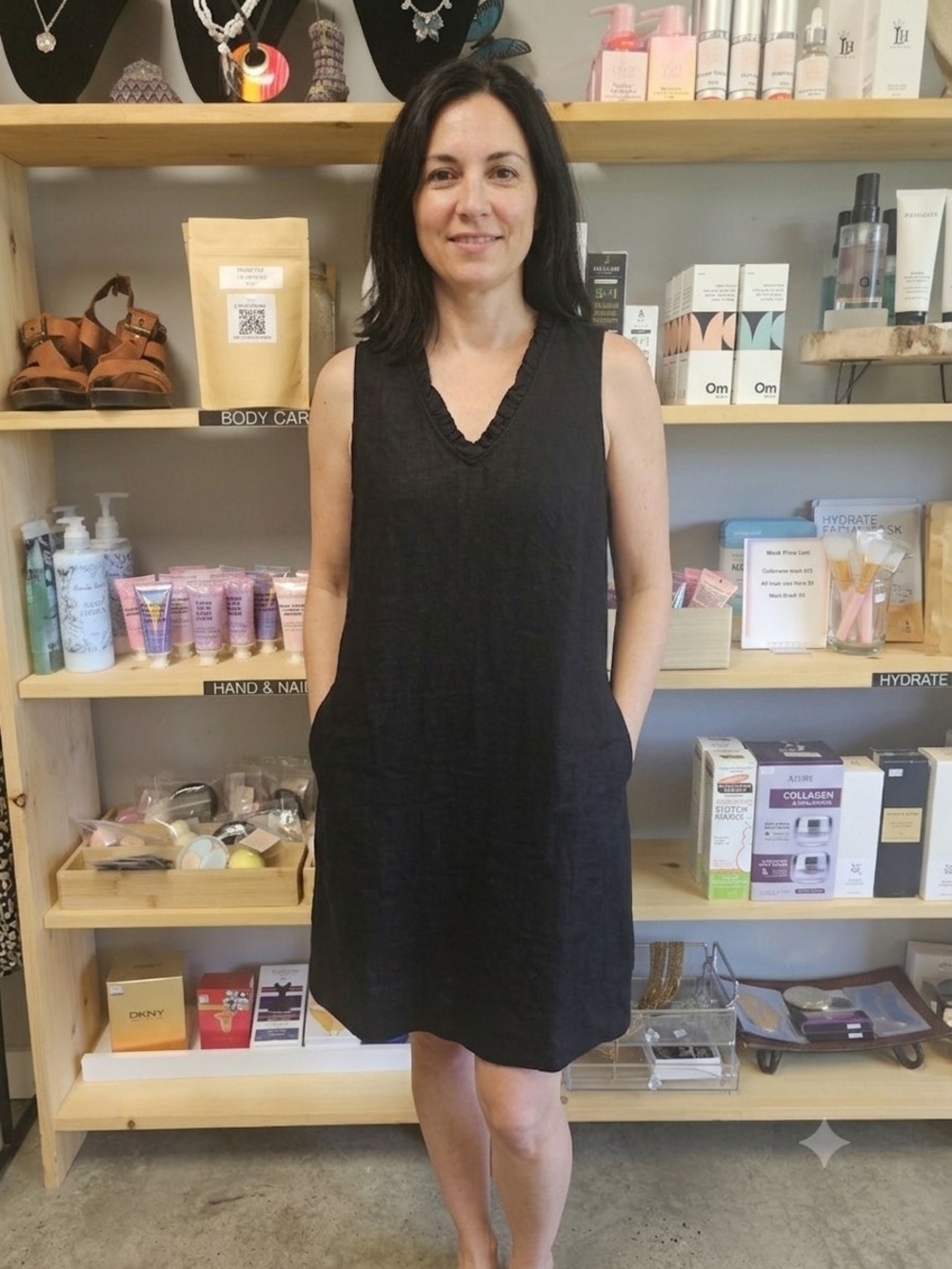 Sleeveless Black V-Neck Shift Dress, Linen And Rayon